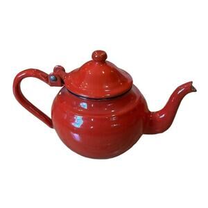 Vintage Tomato Red Enamel Small Tea Pot Hinged Lid White Inside 7” Wide